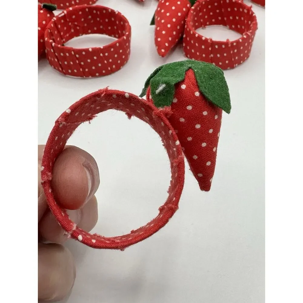 Set of 6 Vintage Red Strawberry w/Leaf Ribbon Napkin Rings Cottagecore Kitch